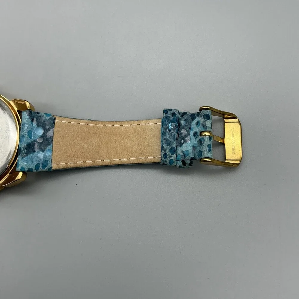 Anne Klein Womens Watch 40mm MOP Dial Gold Tone Blue Leather New Battery